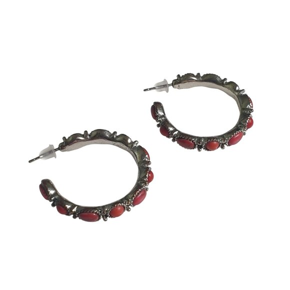 Vintage Red Bead Hoop Earrings Silver Tone Design Fashion Gift Mom Beach Core - Picture 1 of 3